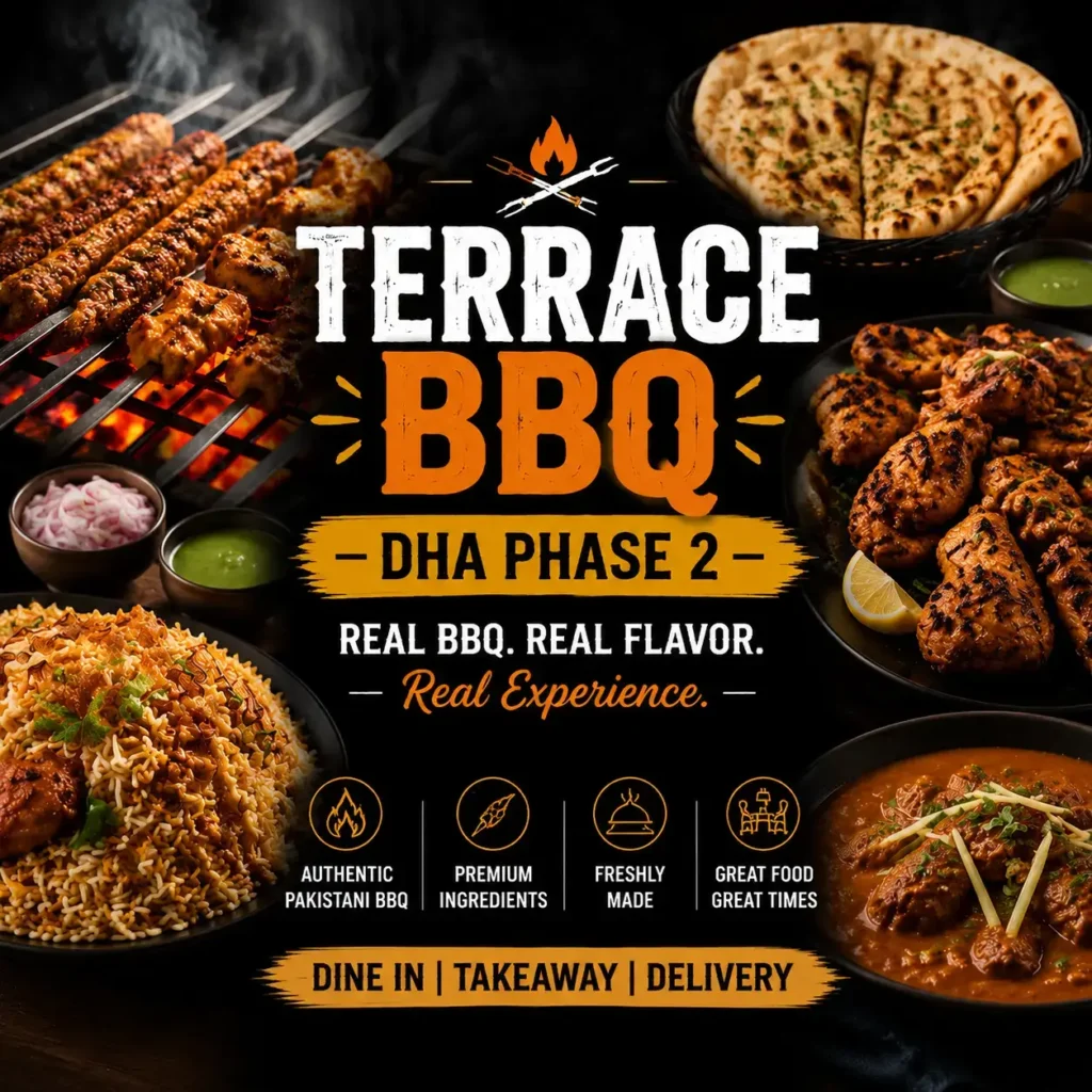 Terrace BBQ DHA2 thumbnail featuring close-up of Pakistani BBQ dishes like kebabs, chicken, naan, and biryani with bold centered text 'TERRACE BBQ DHA2', high-contrast dark background optimized for mobile display.