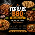 Terrace BBQ DHA2 thumbnail featuring close-up of Pakistani BBQ dishes like kebabs, chicken, naan, and biryani with bold centered text 'TERRACE BBQ DHA2', high-contrast dark background optimized for mobile display.