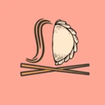Stylized illustration of a summi's dumpling and cuisines featuring a dumpling with crimped edges, a wavy 'S'-shaped strand (possibly steam or a noodle), and crossed chopsticks on a pink background.