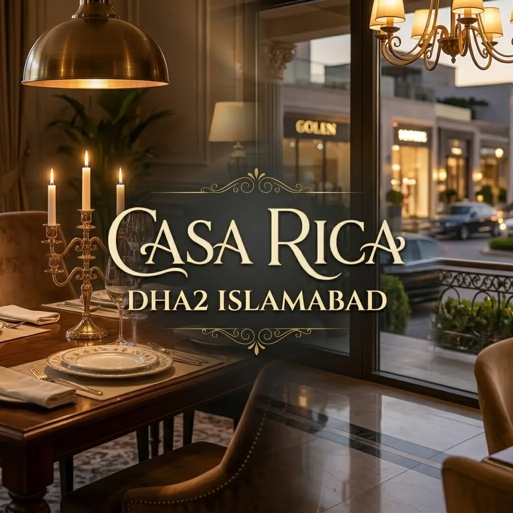 Square restaurant thumbnail showing a close-up of a luxury dining setup by a window, with mobile-optimized, centered elegant text reading "CASA RICA DHA2 ISLAMABAD"