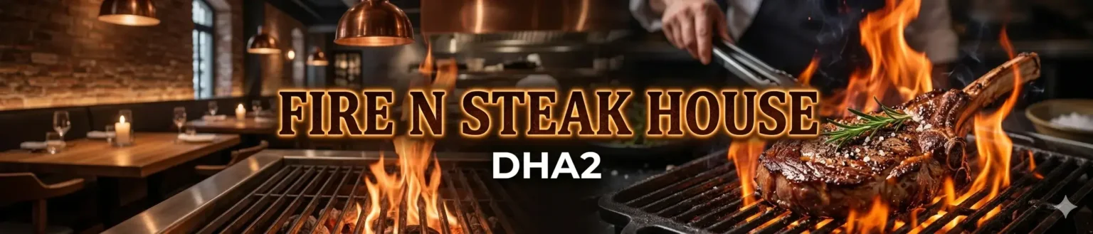 A wide horizontal marketing banner for Fire N Steak House DHA2. The left side shows a dimly lit restaurant dining room with brick walls and candlelit tables. The right side features a chef using tongs to grill a large tomahawk ribeye steak over open, roaring flames. Bold text in the center reads "FIRE N STEAK HOUSE DHA2