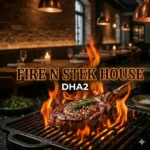 A square promotional graphic for Fire N Steak House DHA2. In the foreground, a large tomahawk steak sits on a grill surrounded by high flames. The blurred background shows a cozy, brick-walled restaurant interior. Central text reads "FIRE N SEAK HOSE DHA2".