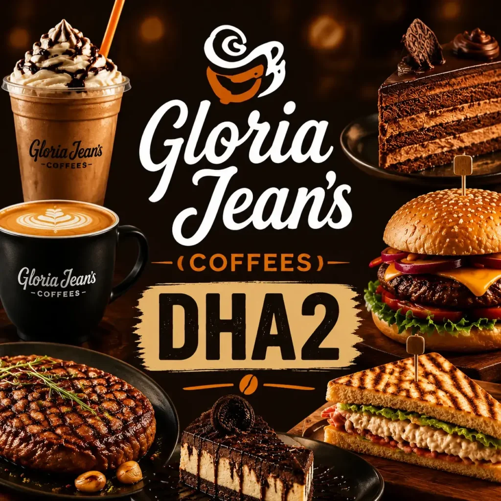 Gloria Jean's Coffees DHA2 thumbnail featuring close-up coffee drinks, desserts, burger, steak, and sandwich with bold central Gloria Jean's logo, dark warm background, text centered for mobile display.