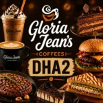 Gloria Jean's Coffees DHA2 thumbnail featuring close-up coffee drinks, desserts, burger, steak, and sandwich with bold central Gloria Jean's logo, dark warm background, text centered for mobile display.