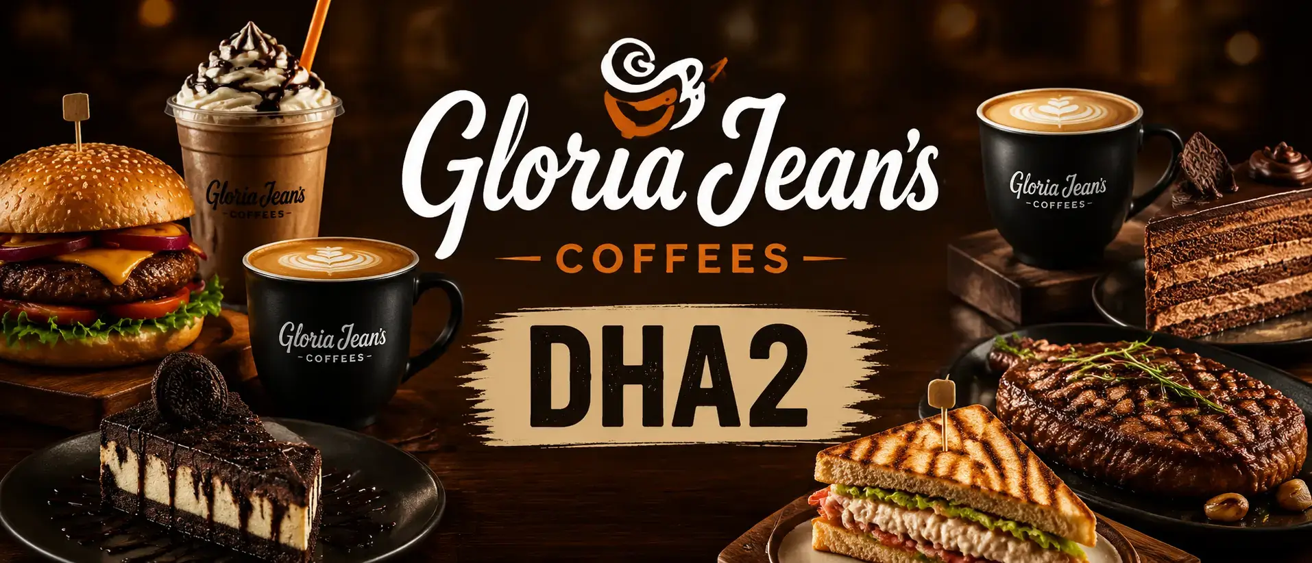 Gloria Jean's Coffees DHA2 hero banner showing a cozy coffee shop setup with coffee drinks, desserts, burgers, steaks, and sandwiches arranged on a wooden table, bold central Gloria Jean's logo, mobile-optimized text in center.