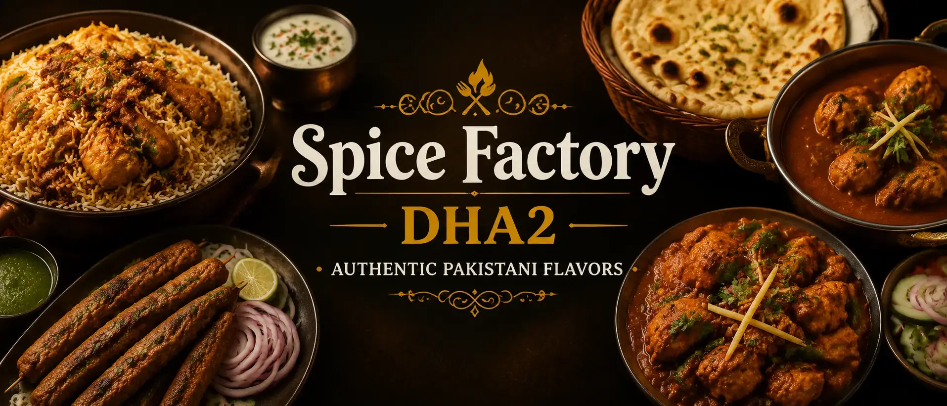 Wide restaurant hero banner showing an array of gourmet burgers, sides, and spices on a wooden table with centered gold textured text reading "SPICE FACTORY DHA2".