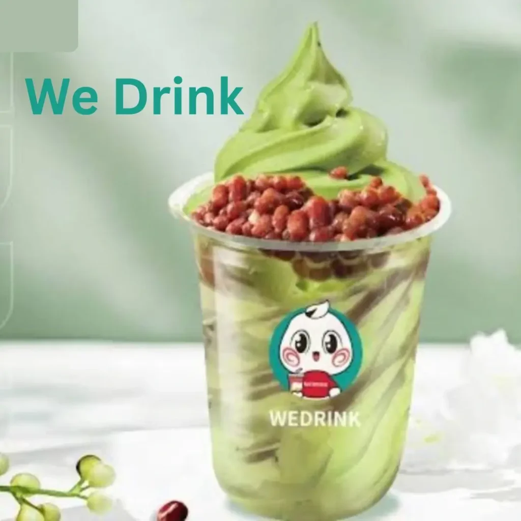 Green matcha soft serve topped with red beans in a cup, featuring the We Drink logo – available at South Islamabad Eats.