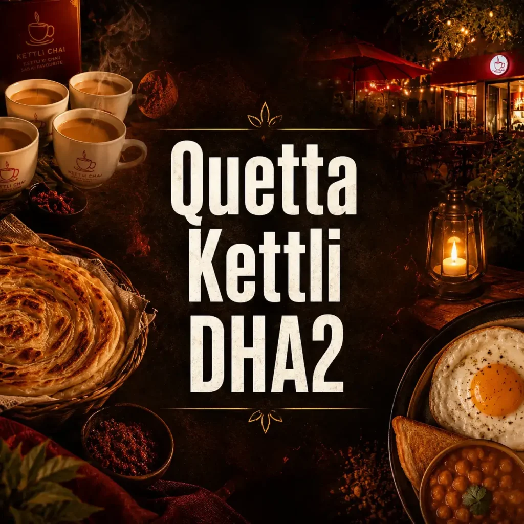 Quetta Kettli DHA2 thumbnail with bold centered text, steaming chai cups, crispy paratha, breakfast plate, lantern, warm cafe lights, and cozy Quetta-style tea shop theme.