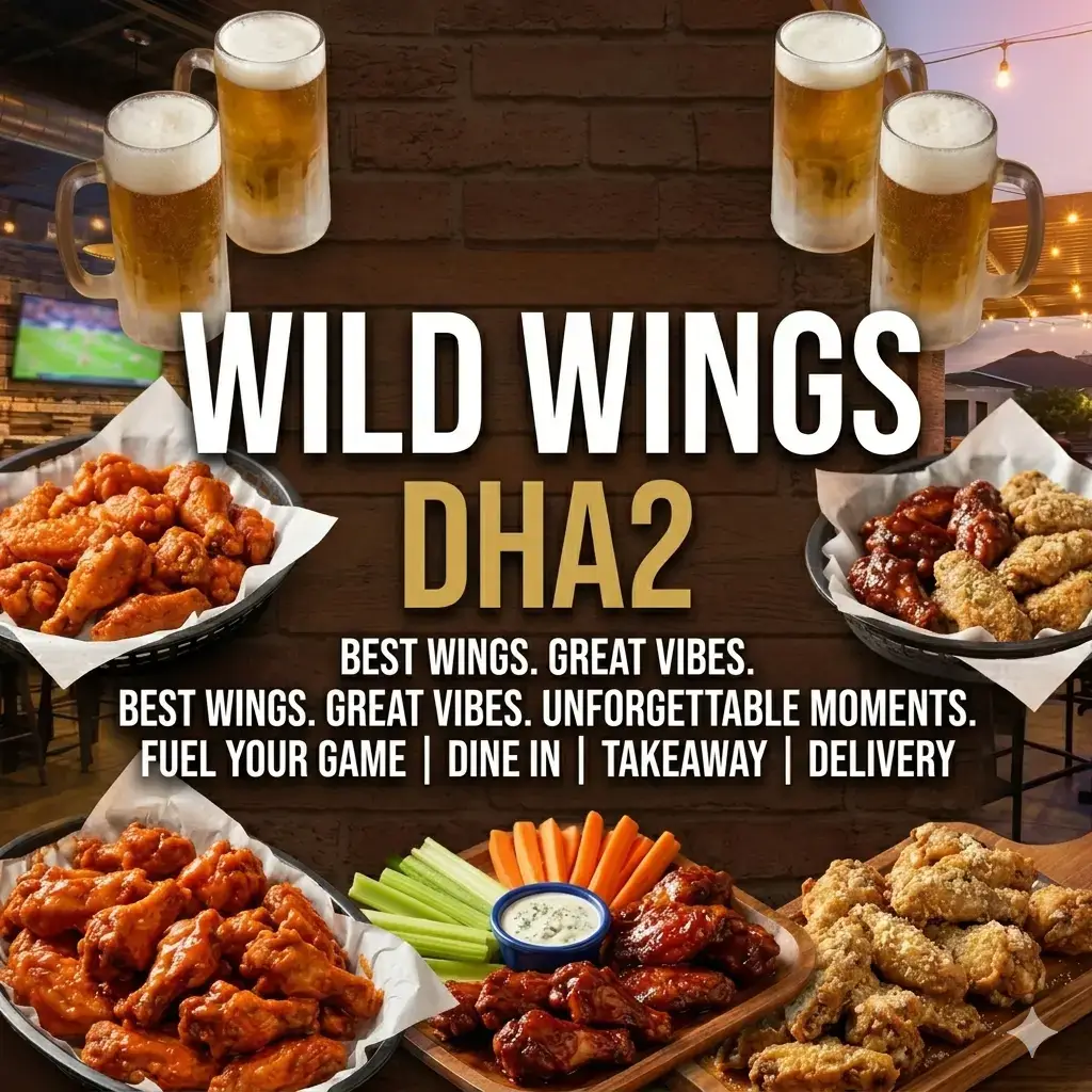 Square food thumbnail framed by beer mugs and various platters of chicken wings, featuring prominent, centered typography in the middle reading "WILD WINGS DHA2" with sports bar taglines underneath.