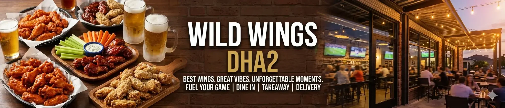 Digital marketing hero banner with platters of chicken wings, celery sticks, and beer mugs on the left, an open-air sports bar patio on the right, and centered text over a brick background reading "WILD WINGS DHA2" with brand taglines and service options below.