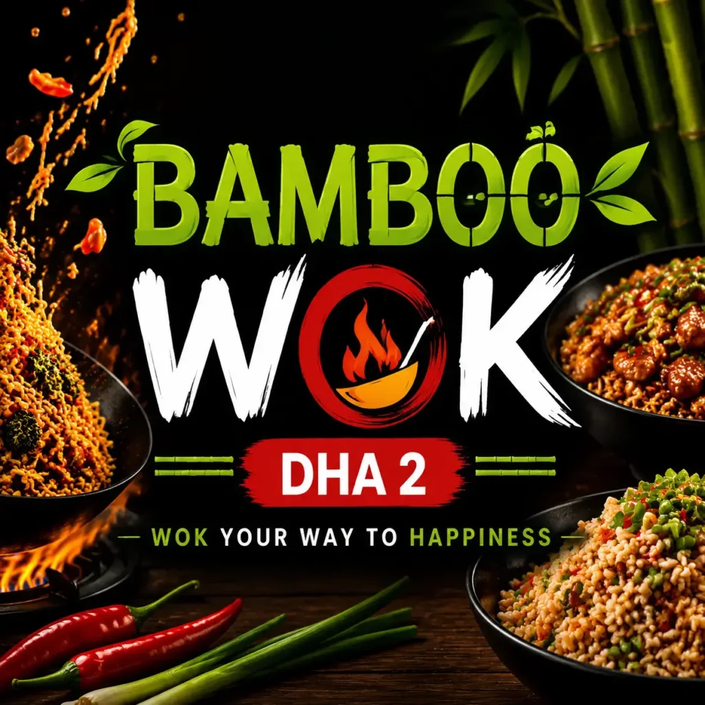 Bamboo Wok DHA2 thumbnail featuring close-up Asian wok dishes such as noodles, stir-fry chicken, and vegetables with bold centered text 'BAMBOO WOK DHA2', dark modern background, optimized for mobile display.