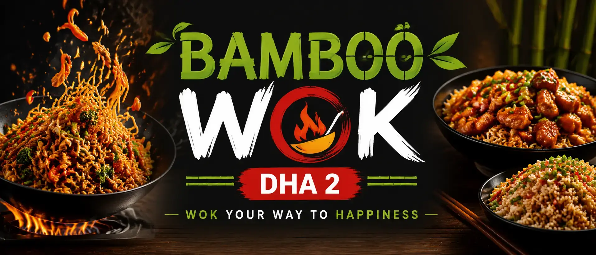 Bamboo Wok DHA2 hero banner showing vibrant wok-tossed Asian dishes including noodles, stir-fried vegetables, chicken, and sauces, with bold centered text 'BAMBOO WOK DHA2', mobile-optimized layout and high-contrast food visuals.