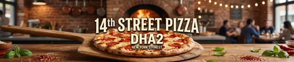 A wide promotional hero banner for 14th Street Pizza DHA2, featuring a fresh pepperoni pizza on a wooden peel over a rustic counter. The background shows a warm, glowing stone pizza oven and blurred patrons dining. Central text reads "14th STREET PIZZA DHA2 - NEW YORK'S FINEST