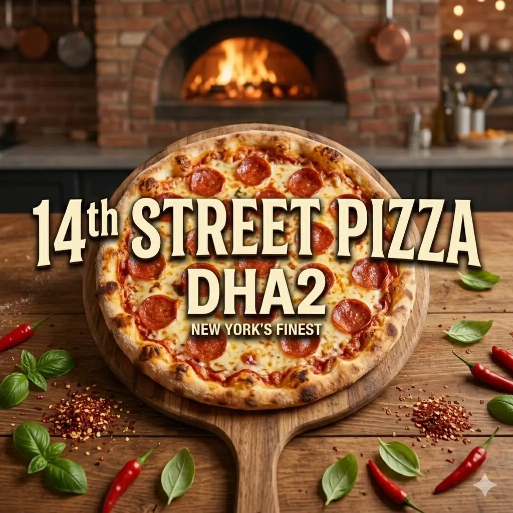 A square marketing graphic for 14th Street Pizza DHA2 showing a top-down angle of a whole pepperoni pizza on a wooden peel. The foreground is decorated with red chilis and basil, while a roaring brick oven is visible in the background. Bold central text reads "14th STREET PIZZA DHA2 - NEW YORK'S FINEST"