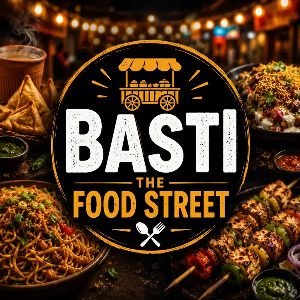 Basti The Food Street thumbnail showcasing Pakistani street food favorites including BBQ, chaat, noodles, samosas, and chai with a bold centered Basti The Food Street logo.