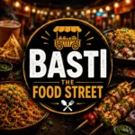 Basti The Food Street thumbnail showcasing Pakistani street food favorites including BBQ, chaat, noodles, samosas, and chai with a bold centered Basti The Food Street logo.