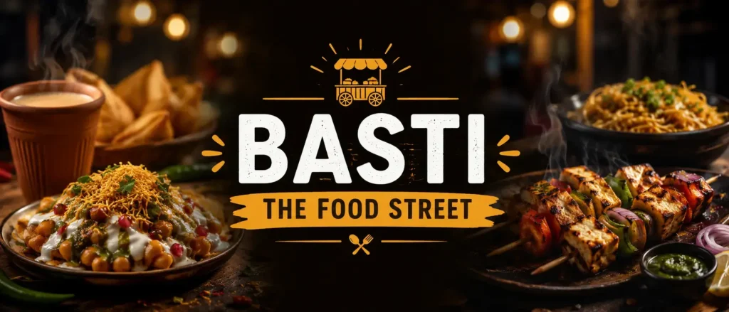 Basti The Food Street hero banner featuring delicious Pakistani street food including chaat, BBQ skewers, noodles, samosas, and traditional tea with the Basti The Food Street logo in the center.