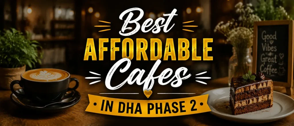 Warm café-themed hero banner with coffee and dessert, featuring centered text “Best Affordable Cafes in DHA Phase 2”.