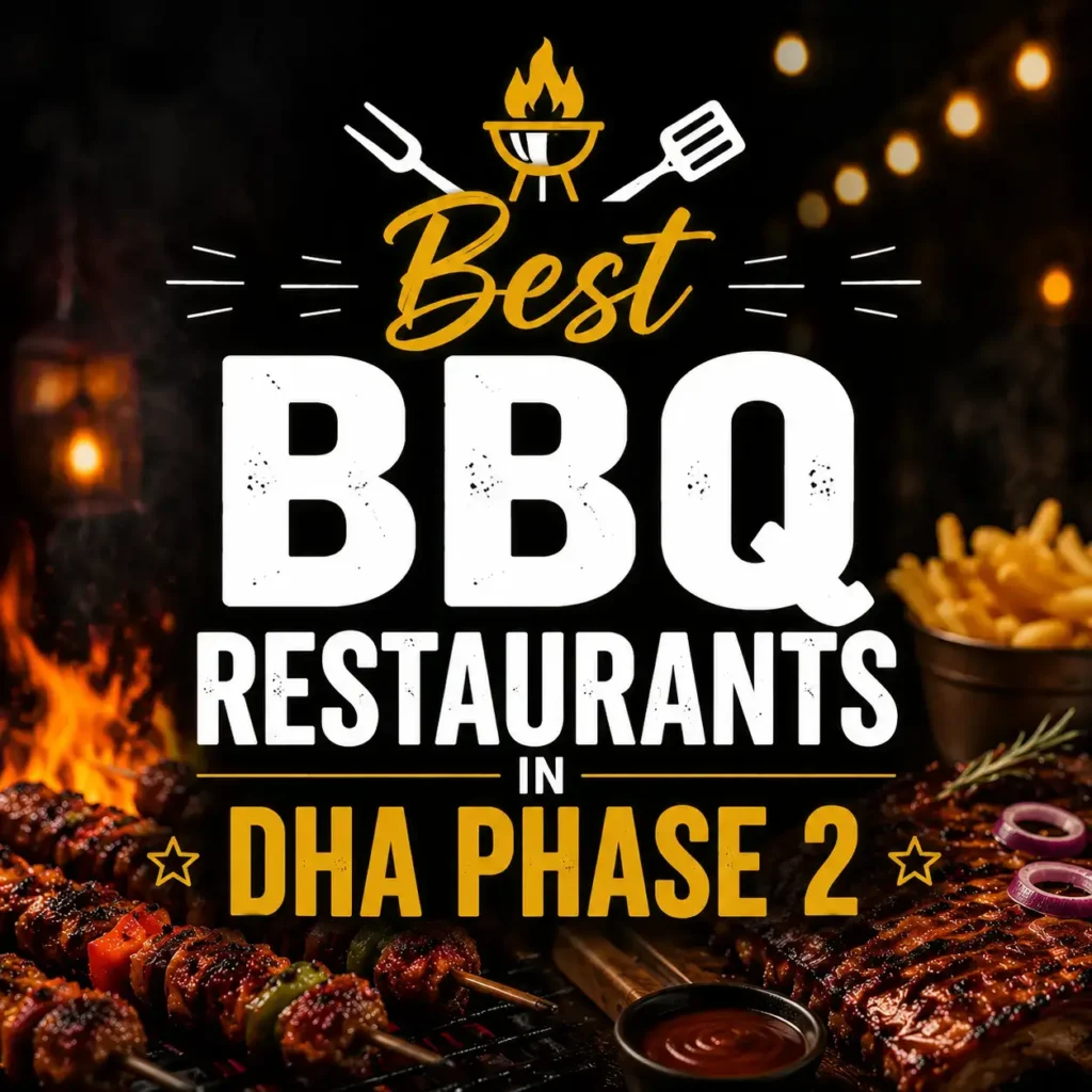 High contrast BBQ food poster with grilled meats and centered bold text βBest BBQ Restaurants in DHA Phase 2,β styled for mobile thumbnail display.