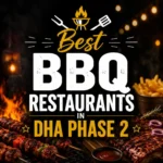 High contrast BBQ food poster with grilled meats and centered bold text “Best BBQ Restaurants in DHA Phase 2,” styled for mobile thumbnail display.