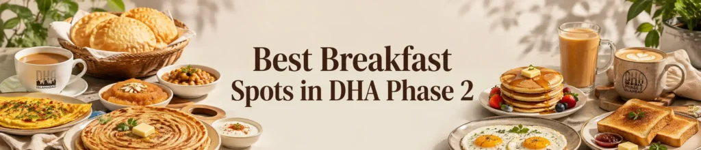 Best Breakfast Spots in DHA Phase 2 banner with paratha, halwa puri, chai, eggs, pancakes, toast, and centered title text.