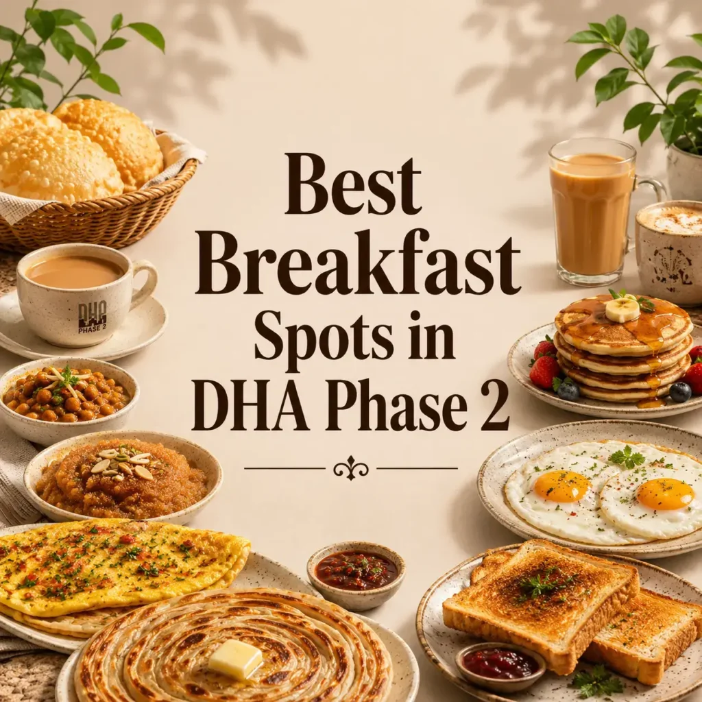 Best Breakfast Spots in DHA Phase 2 thumbnail showing a premium breakfast spread with chai, puri, paratha, eggs, pancakes, and centered title text.