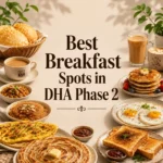 Best Breakfast Spots in DHA Phase 2 thumbnail showing a premium breakfast spread with chai, puri, paratha, eggs, pancakes, and centered title text.