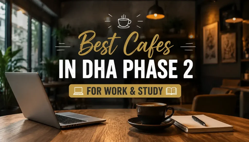 Modern cozy café interior with laptop and coffee cup, featuring centered text “Best Cafes in DHA Phase 2 for Work & Study” in a warm ambient lighting design.