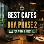 Blurred café background with centered bold typography “Best Cafes DHA Phase 2 for Work & Study,” designed for mobile thumbnail format with warm lighting.