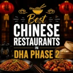 Chinese cuisine promotional poster with dumplings and noodles, red lantern background, and centered bold text “Best Chinese Restaurants in DHA Phase 2.