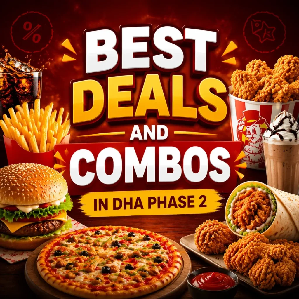 Best Deals and Combos in DHA Phase 2 thumbnail featuring close-up of fast food items like pizza, burger, fried chicken, fries, and wrap with bold centered text 'BEST DEALS AND COMBOS DHA PHASE 2', bright high-contrast design optimized for mobile display.