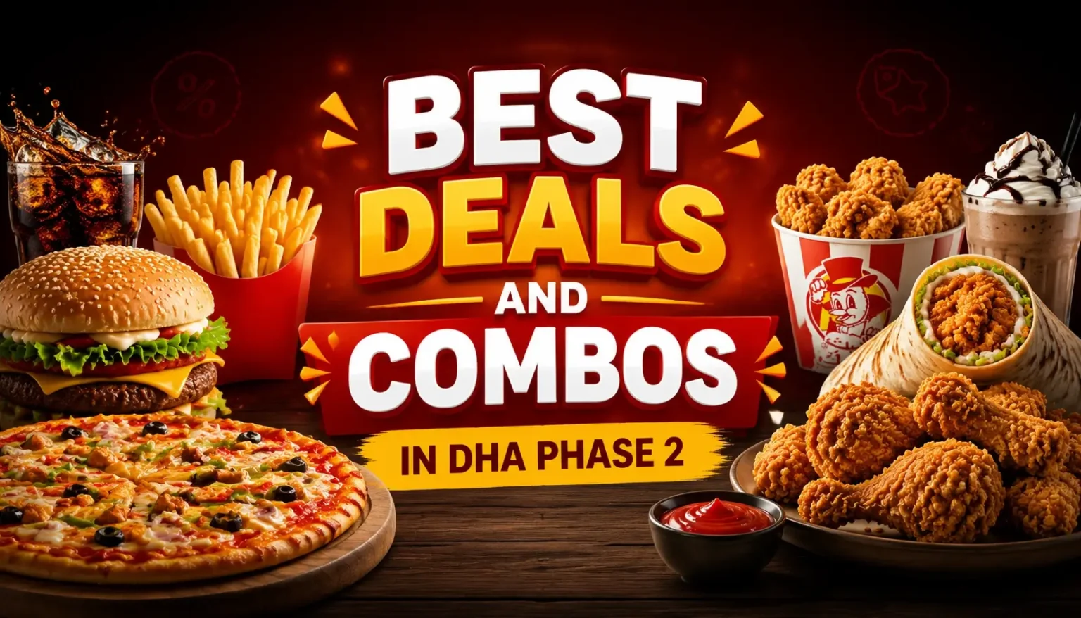 Best Deals and Combos in DHA Phase 2 hero banner showing an assortment of popular fast food dishes including pizza, burger, fried chicken, fries, and wrap, with bold central text 'BEST DEALS AND COMBOS IN DHA PHASE 2', mobile-optimized and eye-catching.