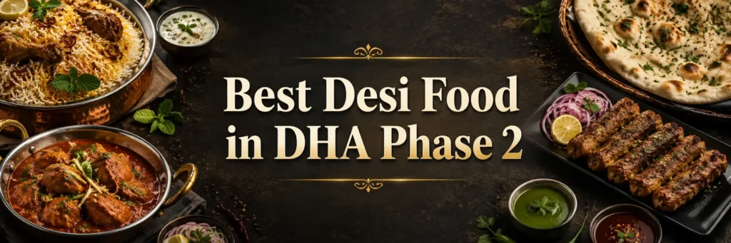 Best Desi Food in DHA Phase 2 banner featuring biryani, karahi, kebabs, naan, chutneys, and centered title text on a dark premium food background.