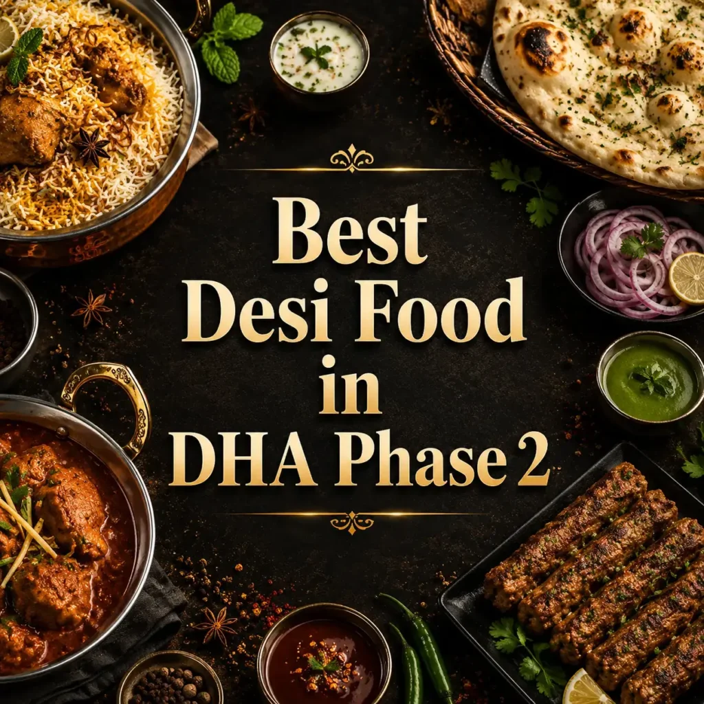 Best Desi Food in DHA Phase 2 thumbnail with centered gold text surrounded by desi dishes including biryani, naan, karahi, kebabs, chutneys, onions, and spices.