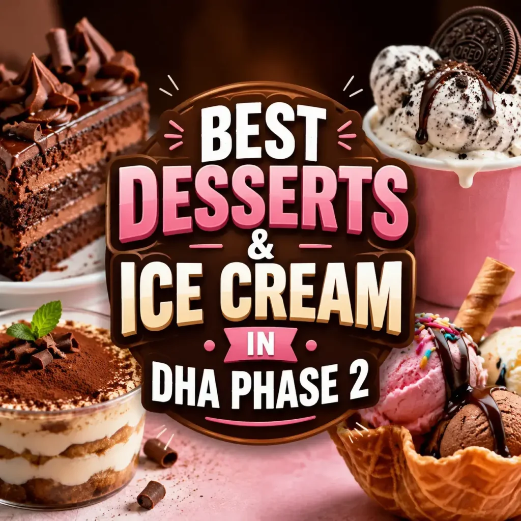 Best Desserts & Ice Cream in DHA Phase 2 thumbnail featuring close-up of ice cream, chocolate desserts, waffles, and milkshake with bold centered text 'BEST DESSERTS & ICE CREAM DHA PHASE 2', high-contrast colorful dessert-themed design optimized for mobile display.