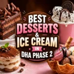 Best Desserts & Ice Cream in DHA Phase 2 thumbnail featuring close-up of ice cream, chocolate desserts, waffles, and milkshake with bold centered text 'BEST DESSERTS & ICE CREAM DHA PHASE 2', high-contrast colorful dessert-themed design optimized for mobile display.