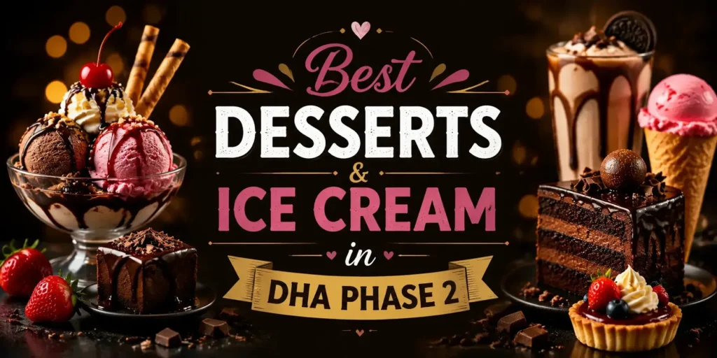Best Desserts & Ice Cream in DHA Phase 2 hero banner showing a variety of sweet dishes including ice cream scoops, sundaes, waffles, cakes, and milkshakes arranged on a table, with bold centered text 'BEST DESSERTS & ICE CREAM IN DHA PHASE 2', mobile-optimized food promotional design.