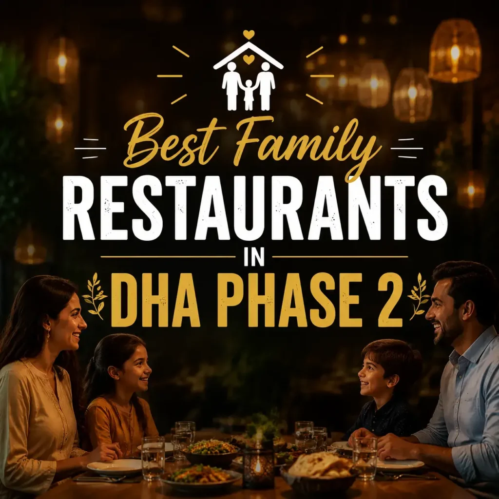 Cozy family dining atmosphere with soft golden lights and centered bold text βBest Family Restaurants in DHA Phase 2,β optimized for mobile thumbnail display.