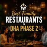 Cozy family dining atmosphere with soft golden lights and centered bold text “Best Family Restaurants in DHA Phase 2,” optimized for mobile thumbnail display.