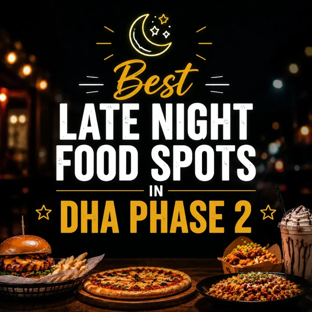 Dark themed nightlife food poster with centered bold text βBest Late Night Food Spots DHA Phase 2,β neon accents and street food visuals