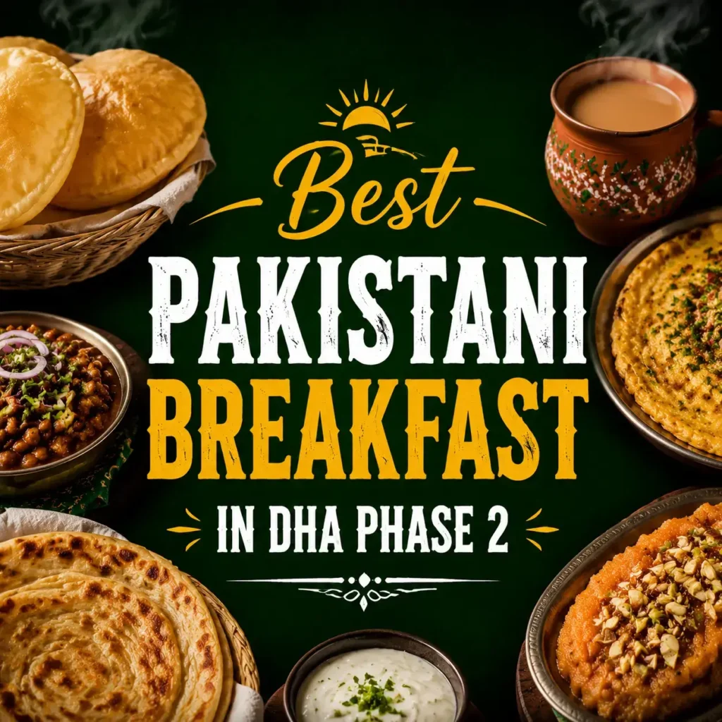 Square thumbnail poster for βBest Pakistani Breakfast in DHA Phase 2β with centered bold text and decorative sun icon above βBestβ. Surrounded by traditional Pakistani breakfast dishes including parathas, curry, and tea on a dark green background. Clean centered layout optimized for mobile viewing and social media use.