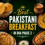 Square thumbnail poster for ‘Best Pakistani Breakfast in DHA Phase 2’ with centered bold text and decorative sun icon above ‘Best’. Surrounded by traditional Pakistani breakfast dishes including parathas, curry, and tea on a dark green background. Clean centered layout optimized for mobile viewing and social media use.