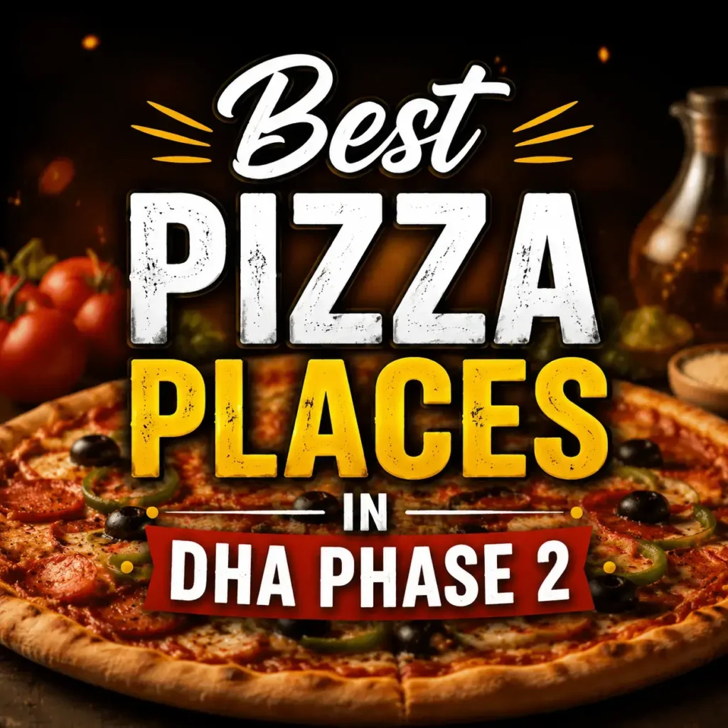 Square promotional image of pizza with centered bold text highlighting best pizza places in DHA Phase 2.
