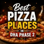 Square promotional image of pizza with centered bold text highlighting best pizza places in DHA Phase 2.