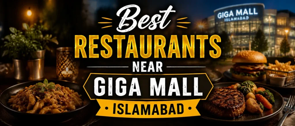 Night dining themed hero banner with Giga Mall background and centered text about best restaurants near Giga Mall Islamabad.