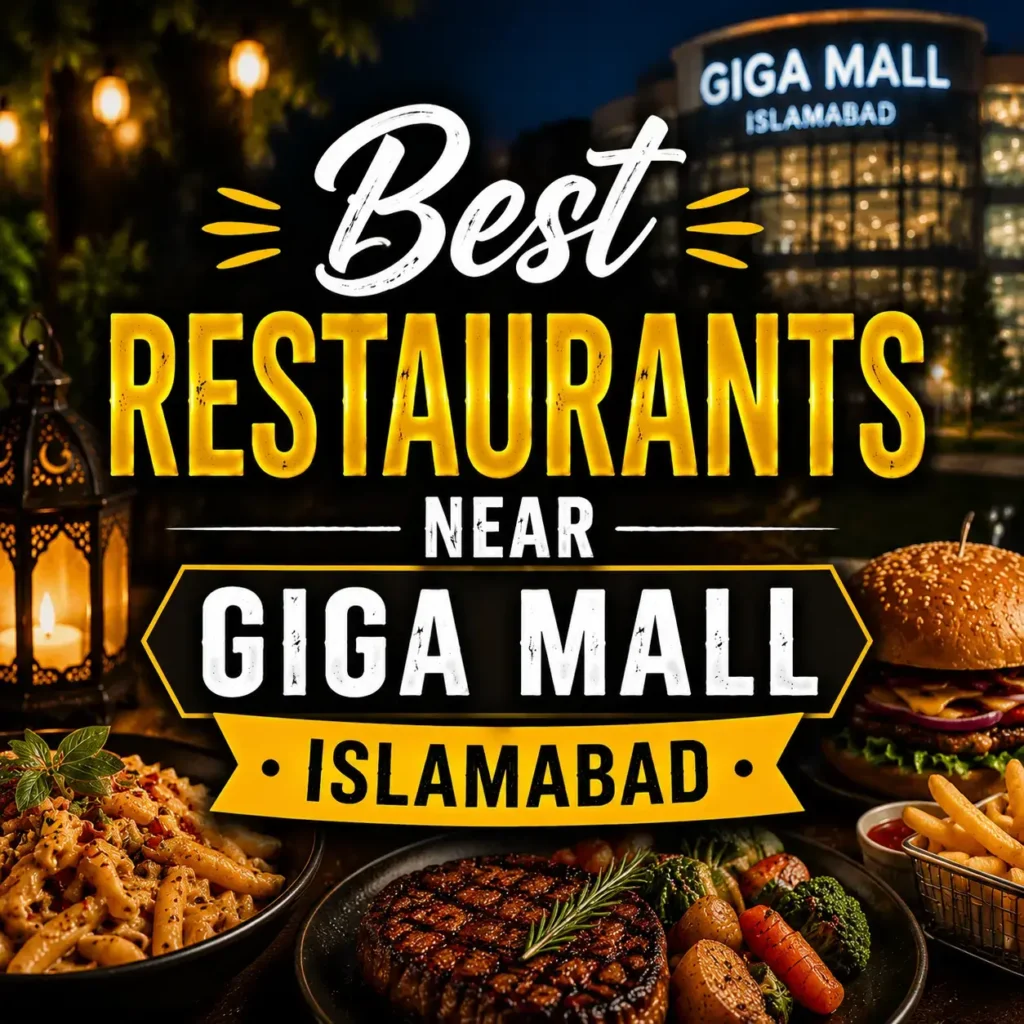 Square food promotional graphic with burgers and meals, centered text highlighting restaurants near Giga Mall Islamabad.
