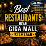 Square food promotional graphic with burgers and meals, centered text highlighting restaurants near Giga Mall Islamabad.