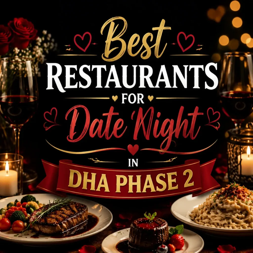 Best Restaurants for Date Night in DHA Phase 2 thumbnail showing romantic dinner ambiance with soft lighting, wine glasses, roses, and plated gourmet food, with bold centered text 'DATE NIGHT RESTAURANTS DHA PHASE 2', high-contrast design optimized for mobile display.