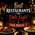 Best Restaurants for Date Night in DHA Phase 2 thumbnail showing romantic dinner ambiance with soft lighting, wine glasses, roses, and plated gourmet food, with bold centered text 'DATE NIGHT RESTAURANTS DHA PHASE 2', high-contrast design optimized for mobile display.