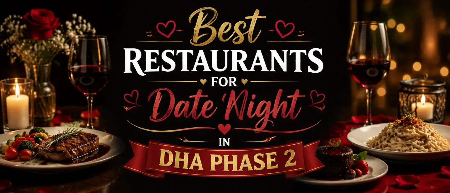 Best Restaurants for Date Night in DHA Phase 2 hero banner featuring a romantic fine-dining setup with candlelight, wine glasses, elegant table settings, and gourmet dishes, with bold centered text 'BEST RESTAURANTS FOR DATE NIGHT IN DHA PHASE 2', mobile-optimized layout.